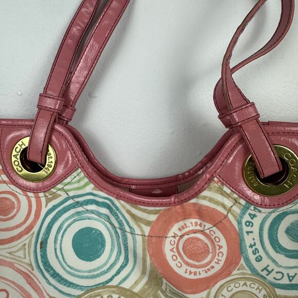 Coach Multicolor Signature The Beach Patent Leather Pink Trim Tote Bag F19184 - Picture 3 of 10